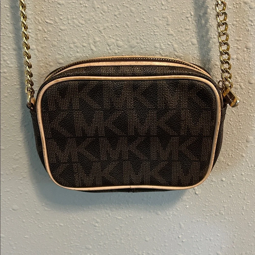 Michael Kors Brown Logo Crossbody with Gold Chain and Beige Trim